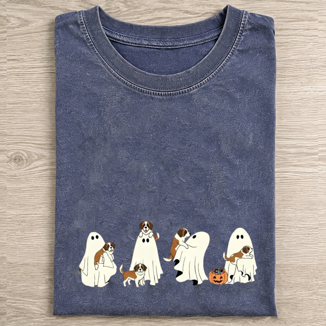 Sweet Saint Bernard Puppies With Ghost Pumpkin Halloween Design Washed T‑Shirt