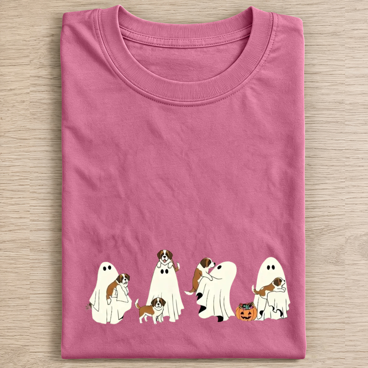 Sweet Saint Bernard Puppies With Ghost Pumpkin Halloween Design Washed T‑Shirt
