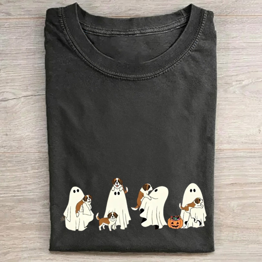 Sweet Saint Bernard Puppies With Ghost Pumpkin Halloween Design Washed T‑Shirt