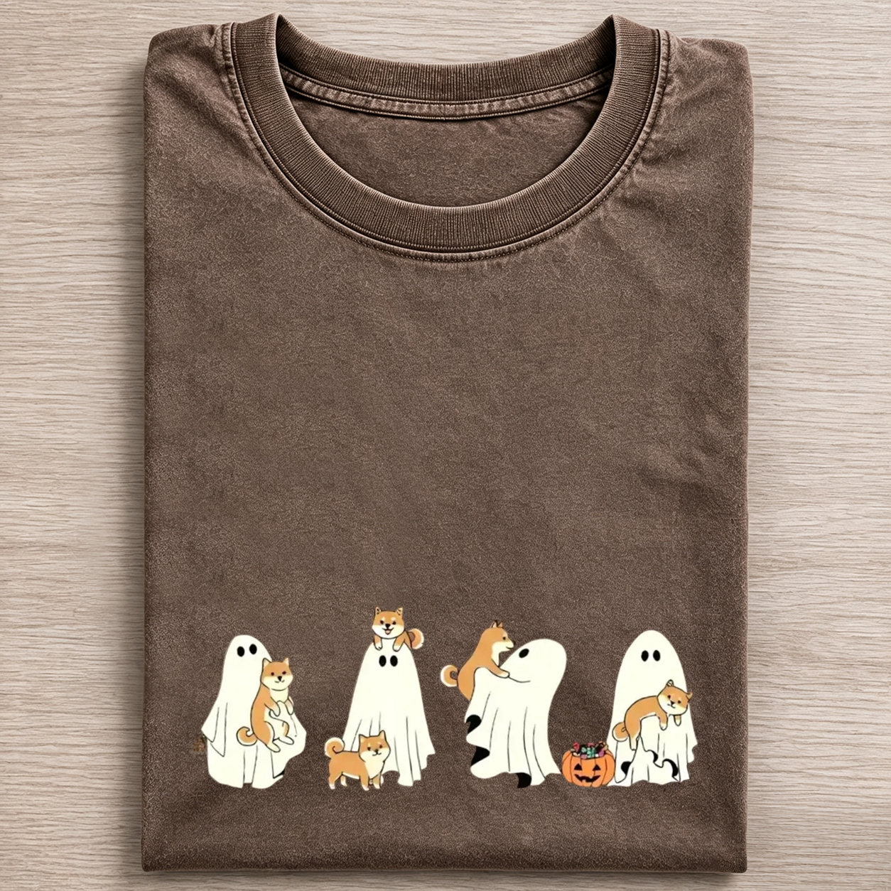 Cheerful Shiba Inu Puppies With Ghost Pumpkin Halloween Design Washed T‑Shirt