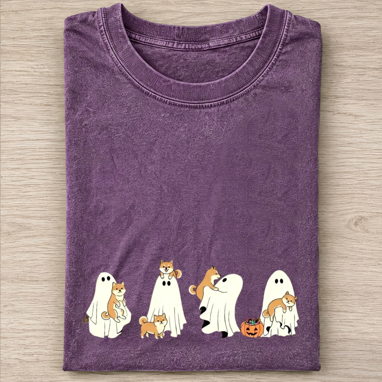 Cheerful Shiba Inu Puppies With Ghost Pumpkin Halloween Design Washed T‑Shirt