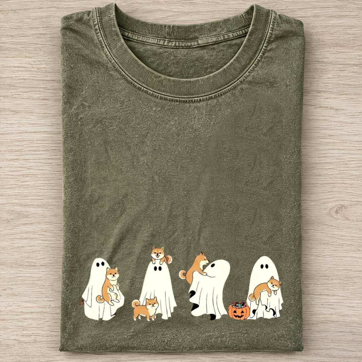 Cheerful Shiba Inu Puppies With Ghost Pumpkin Halloween Design Washed T‑Shirt