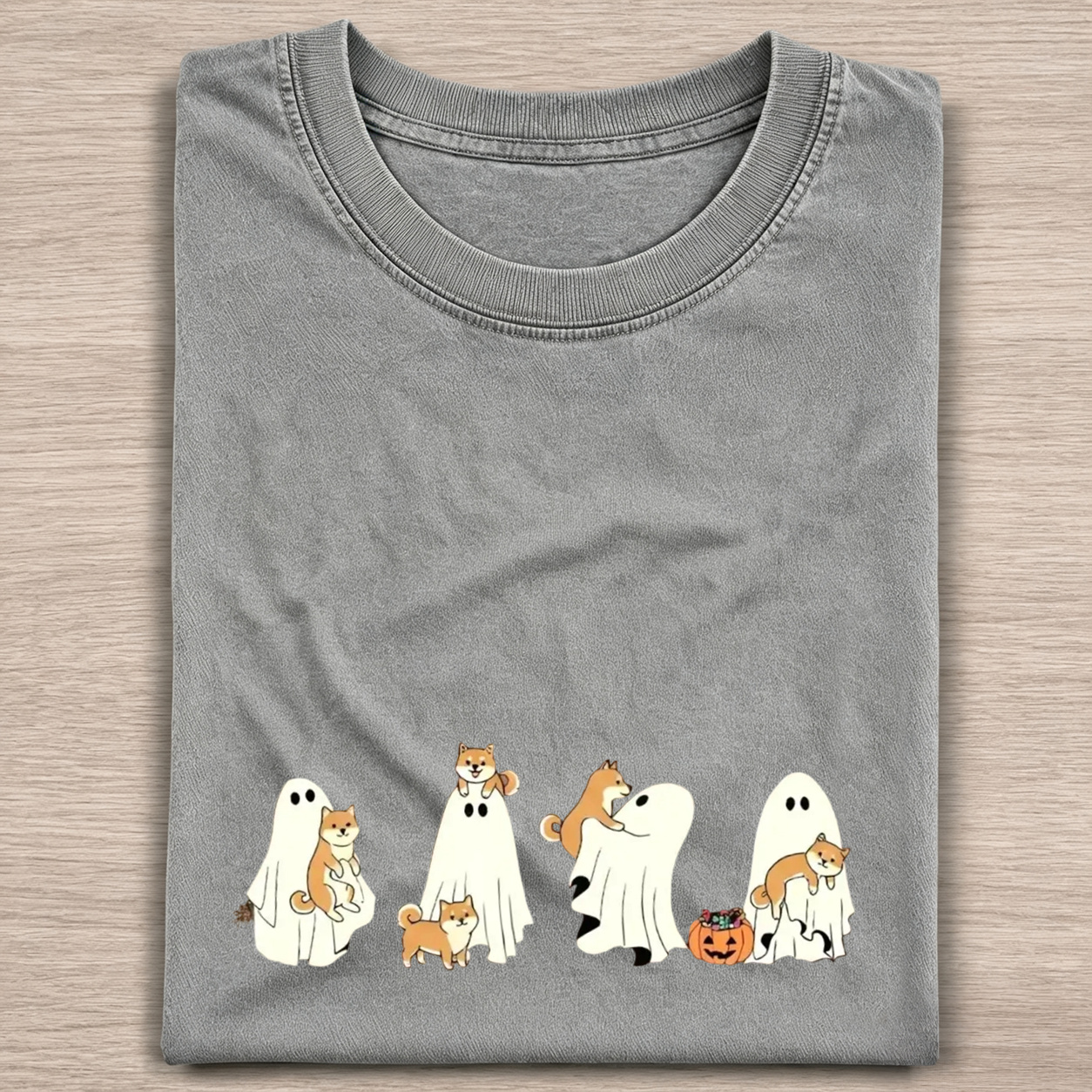 Cheerful Shiba Inu Puppies With Ghost Pumpkin Halloween Design Washed T‑Shirt