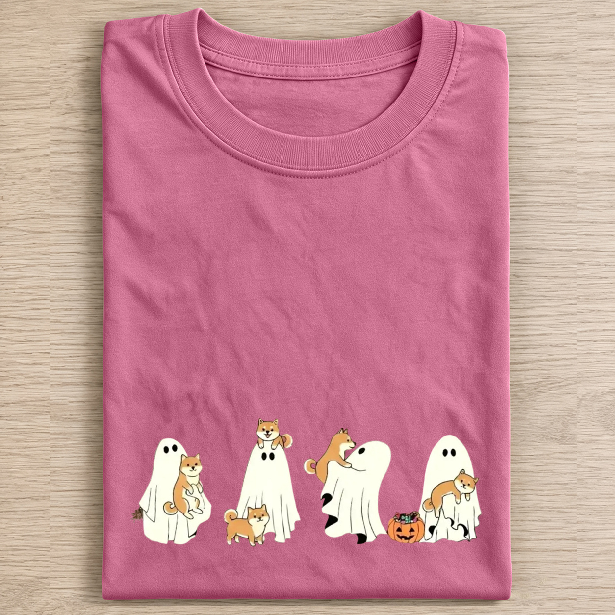 Cheerful Shiba Inu Puppies With Ghost Pumpkin Halloween Design Washed T‑Shirt