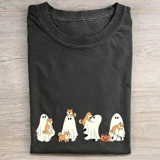 Cheerful Shiba Inu Puppies With Ghost Pumpkin Halloween Design Washed T‑Shirt
