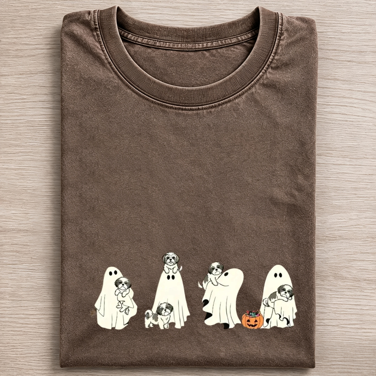 Lovely Shih Tzu Puppies With Ghost Pumpkin Halloween Design Washed T‑Shirt