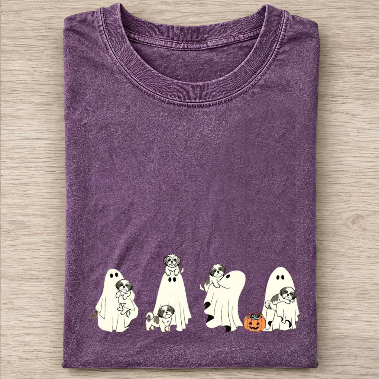 Lovely Shih Tzu Puppies With Ghost Pumpkin Halloween Design Washed T‑Shirt