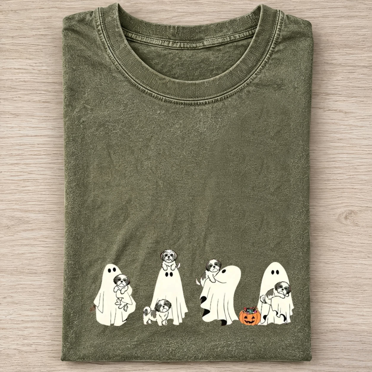Lovely Shih Tzu Puppies With Ghost Pumpkin Halloween Design Washed T‑Shirt