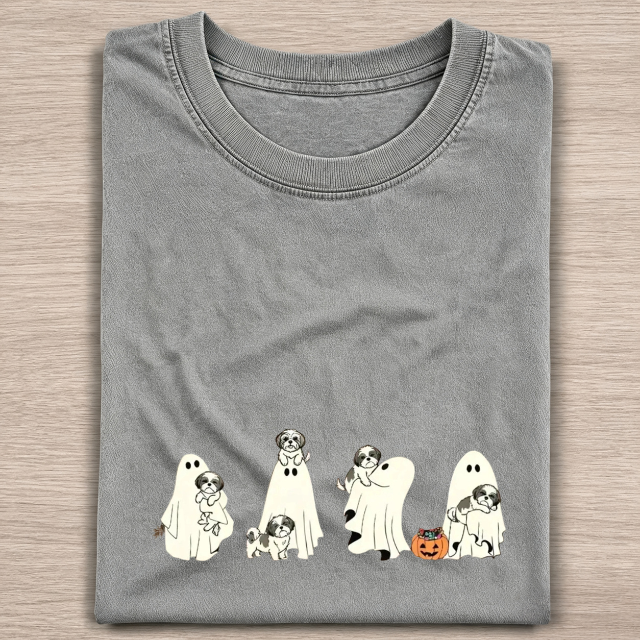 Lovely Shih Tzu Puppies With Ghost Pumpkin Halloween Design Washed T‑Shirt