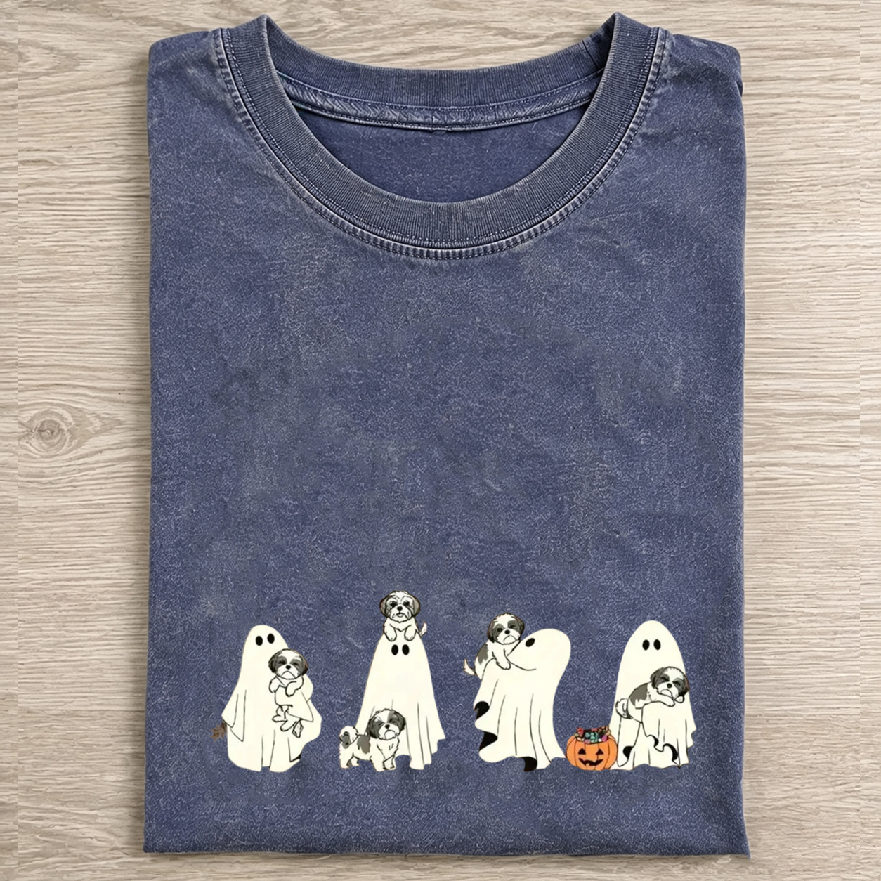 Lovely Shih Tzu Puppies With Ghost Pumpkin Halloween Design Washed T‑Shirt