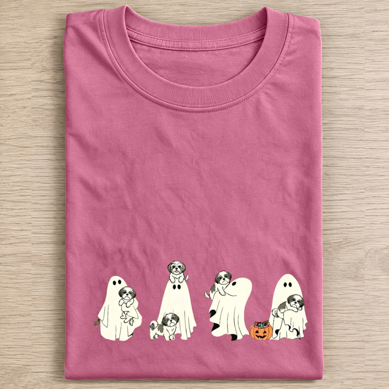 Lovely Shih Tzu Puppies With Ghost Pumpkin Halloween Design Washed T‑Shirt