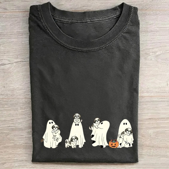 Lovely Shih Tzu Puppies With Ghost Pumpkin Halloween Design Washed T‑Shirt