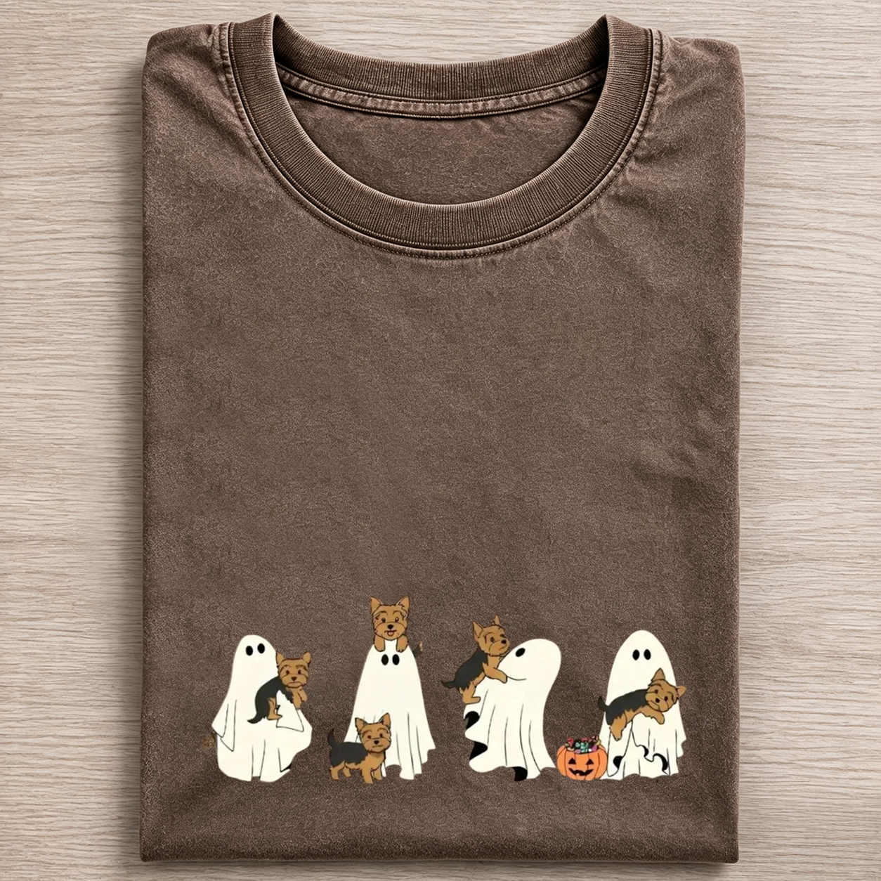 Fun Yorkshire Terrier Puppies With Ghost Pumpkin Halloween Design Washed T‑Shirt