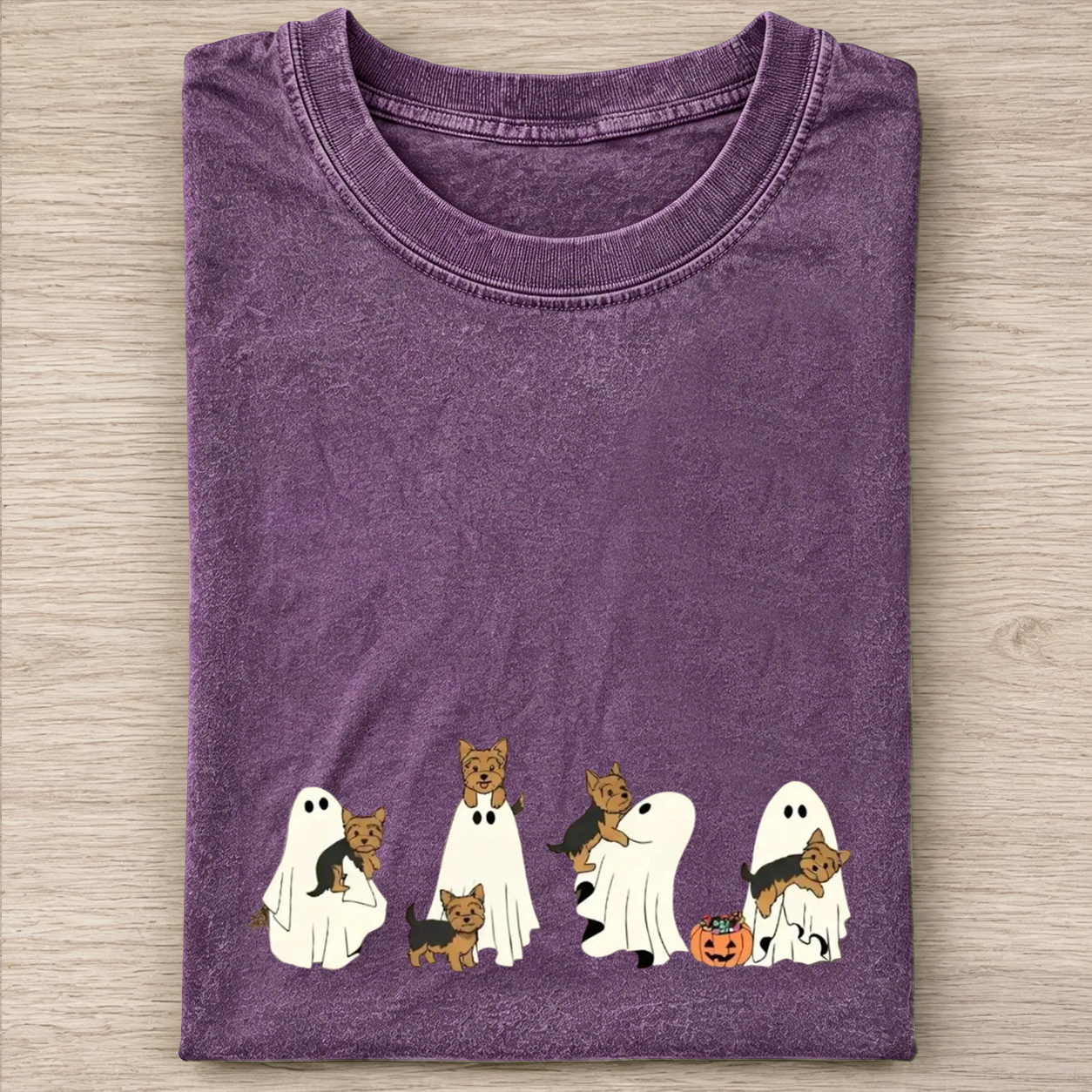 Fun Yorkshire Terrier Puppies With Ghost Pumpkin Halloween Design Washed T‑Shirt