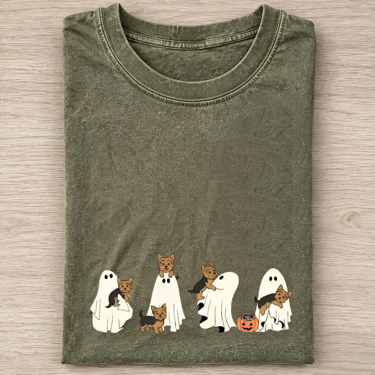 Fun Yorkshire Terrier Puppies With Ghost Pumpkin Halloween Design Washed T‑Shirt