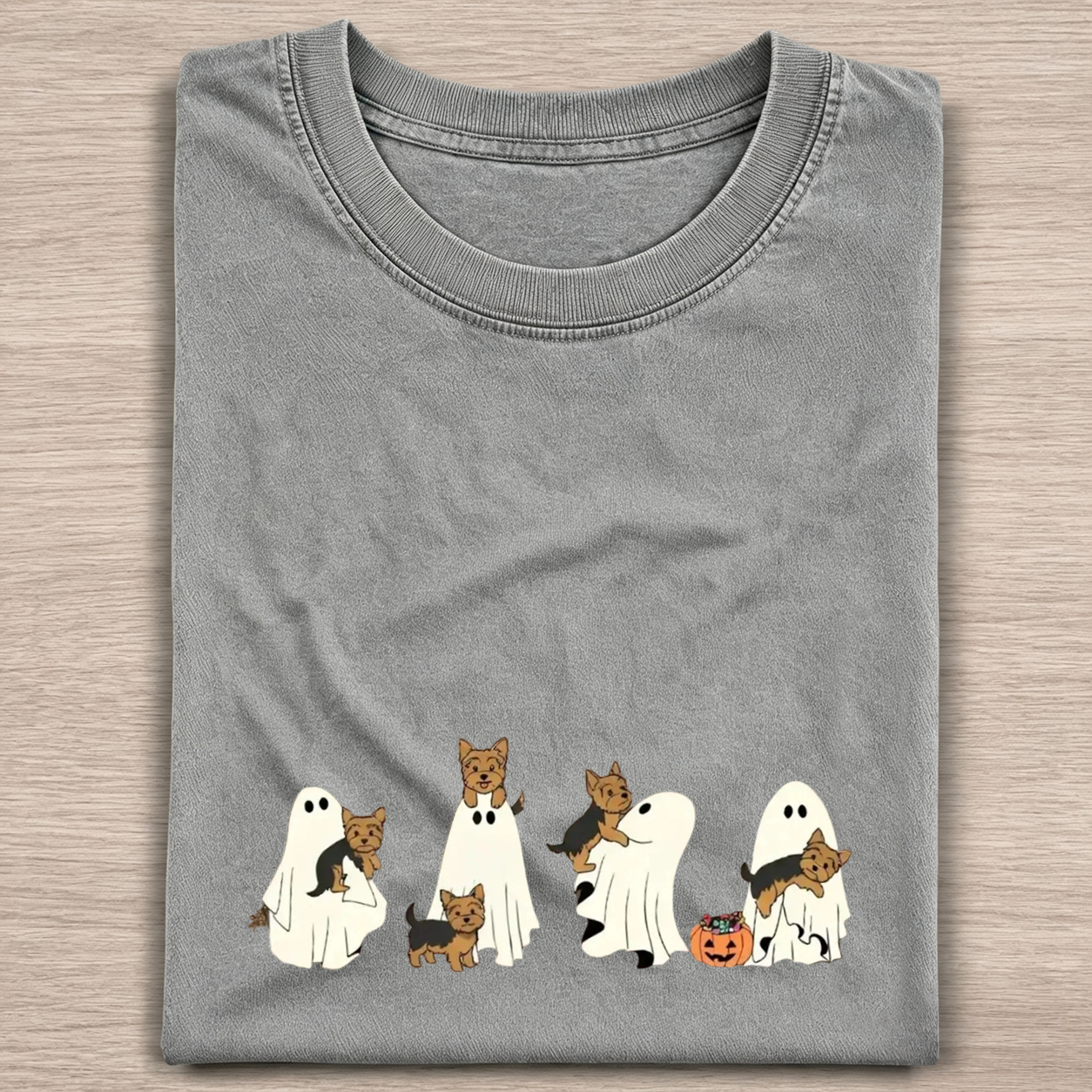 Fun Yorkshire Terrier Puppies With Ghost Pumpkin Halloween Design Washed T‑Shirt