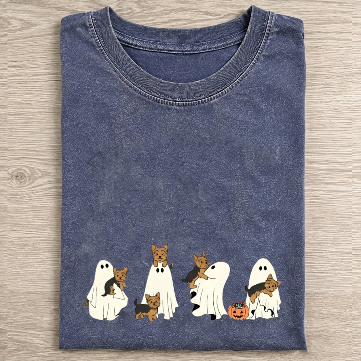 Fun Yorkshire Terrier Puppies With Ghost Pumpkin Halloween Design Washed T‑Shirt