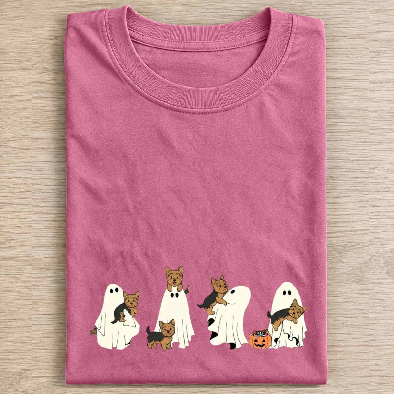 Fun Yorkshire Terrier Puppies With Ghost Pumpkin Halloween Design Washed T‑Shirt