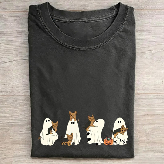 Fun Yorkshire Terrier Puppies With Ghost Pumpkin Halloween Design Washed T‑Shirt