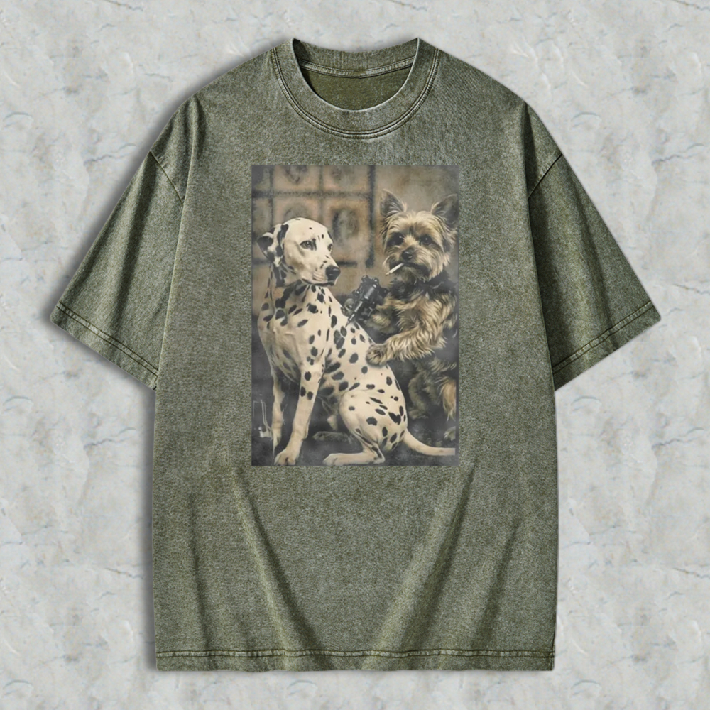 Dalmatian And Yorkshire Terrier Holding Gun And Cigar Vintage Art Washed T-shirt
