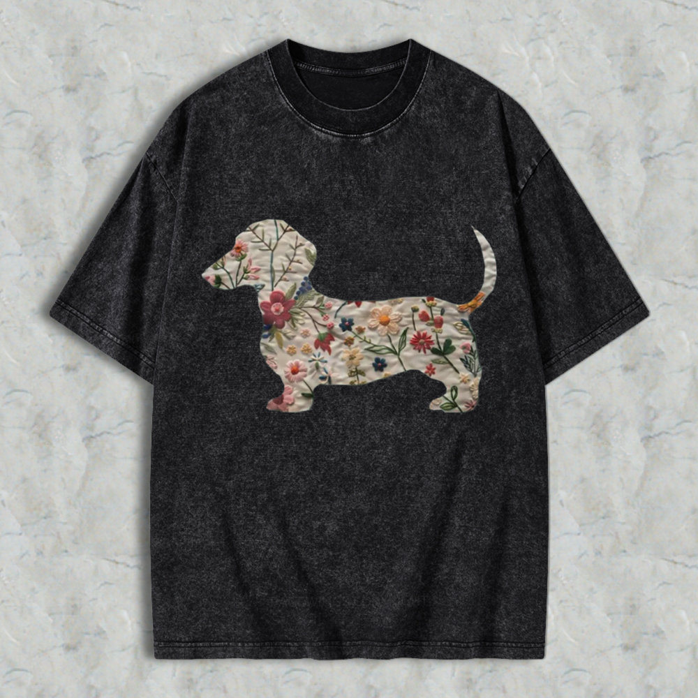 Floral Dachshund Silhouette Vintage Washed T-shirt