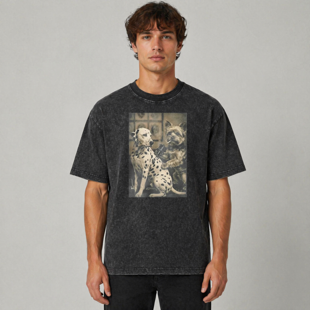 Dalmatian And Yorkshire Terrier Holding Gun And Cigar Vintage Art Washed T-shirt