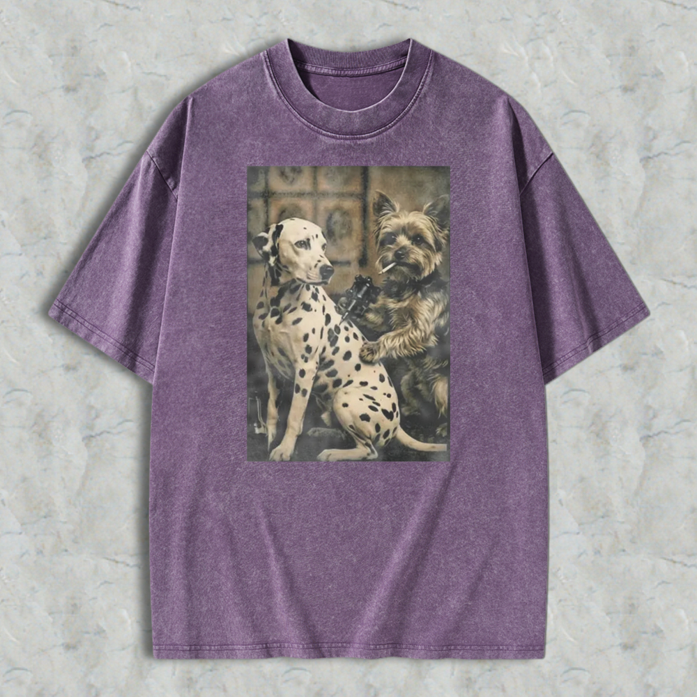Dalmatian And Yorkshire Terrier Holding Gun And Cigar Vintage Art Washed T-shirt