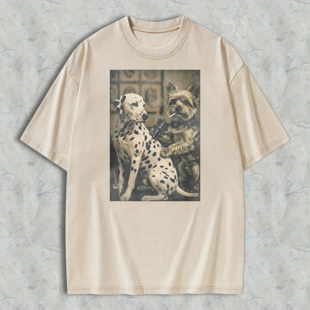 Dalmatian And Yorkshire Terrier Holding Gun And Cigar Vintage Art Washed T-shirt