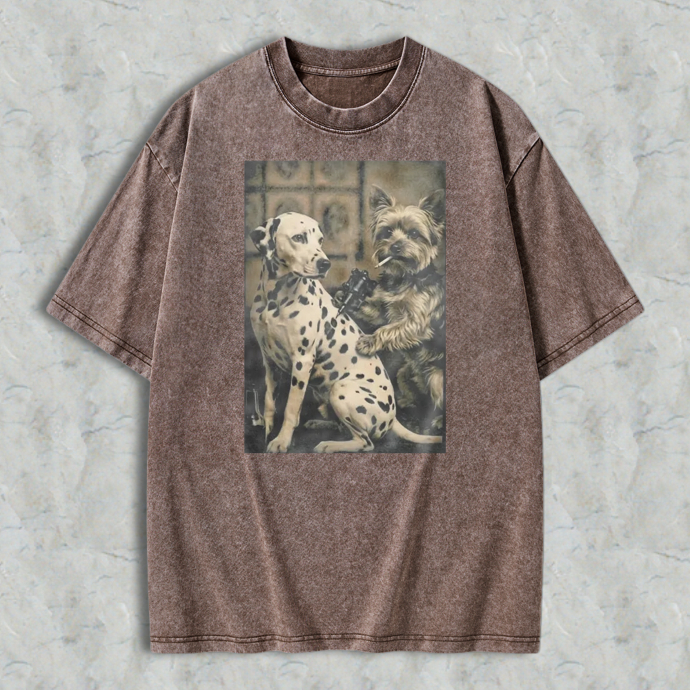 Dalmatian And Yorkshire Terrier Holding Gun And Cigar Vintage Art Washed T-shirt