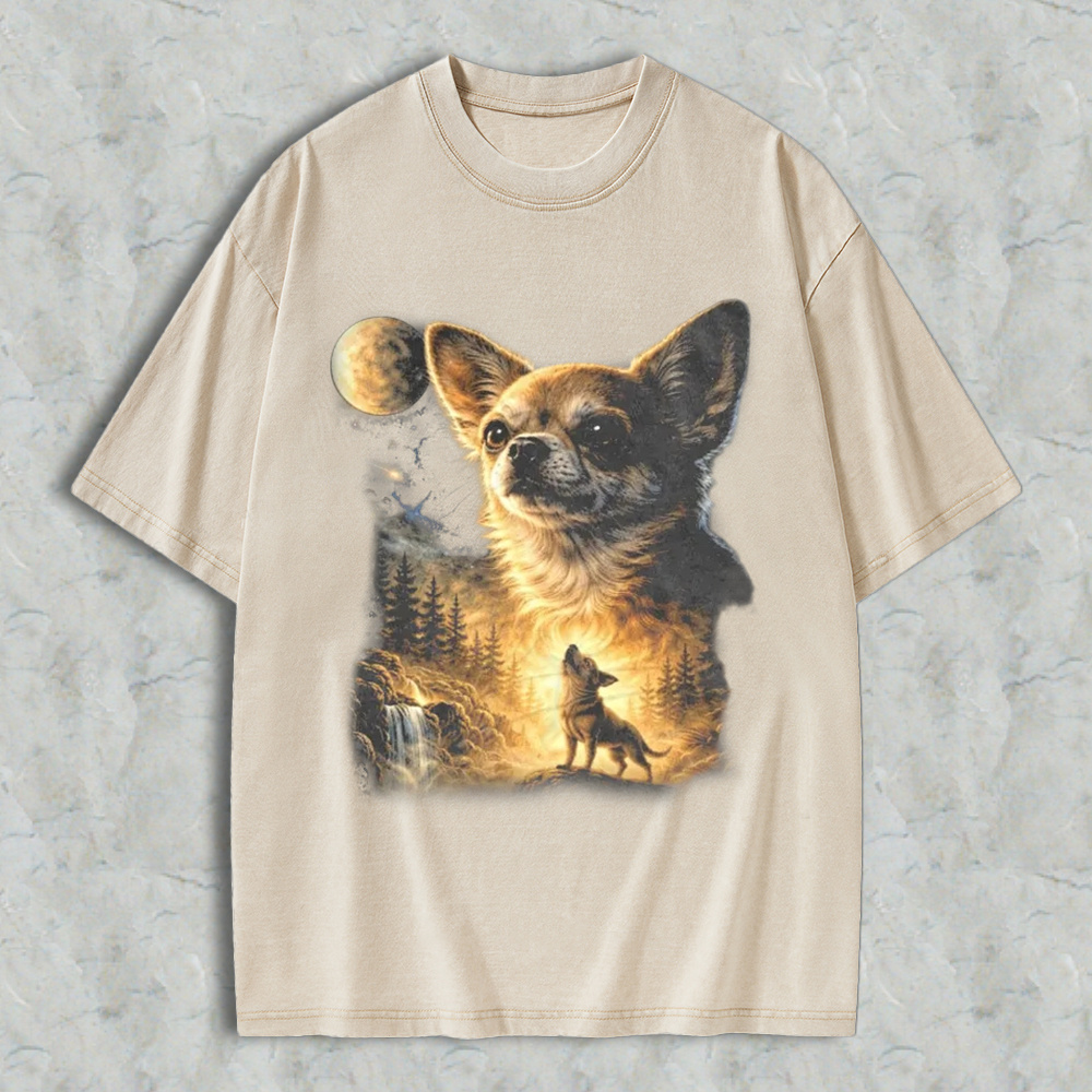 Chihuahua Wolf Howling At Moon Forest Scene Washed T-shirt