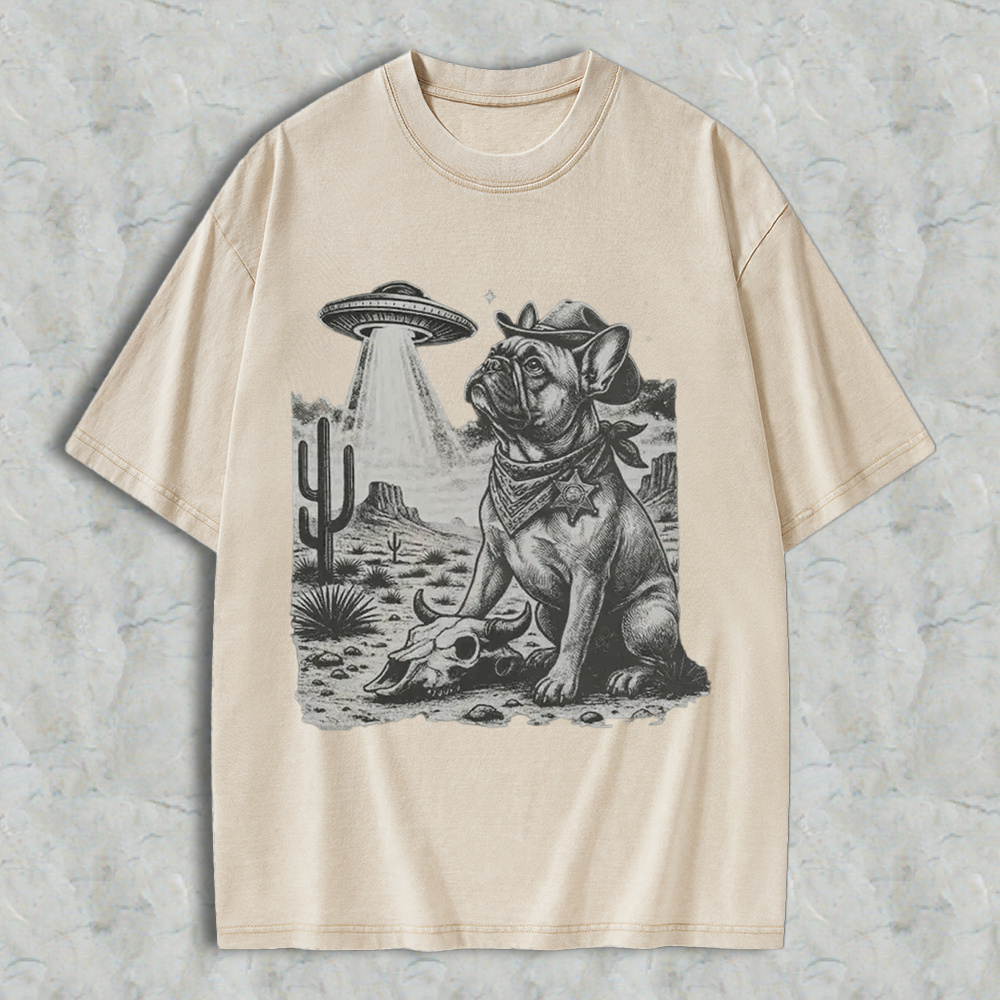 Cowboy French Bulldog With Ufo In Desert Washed T-shirt