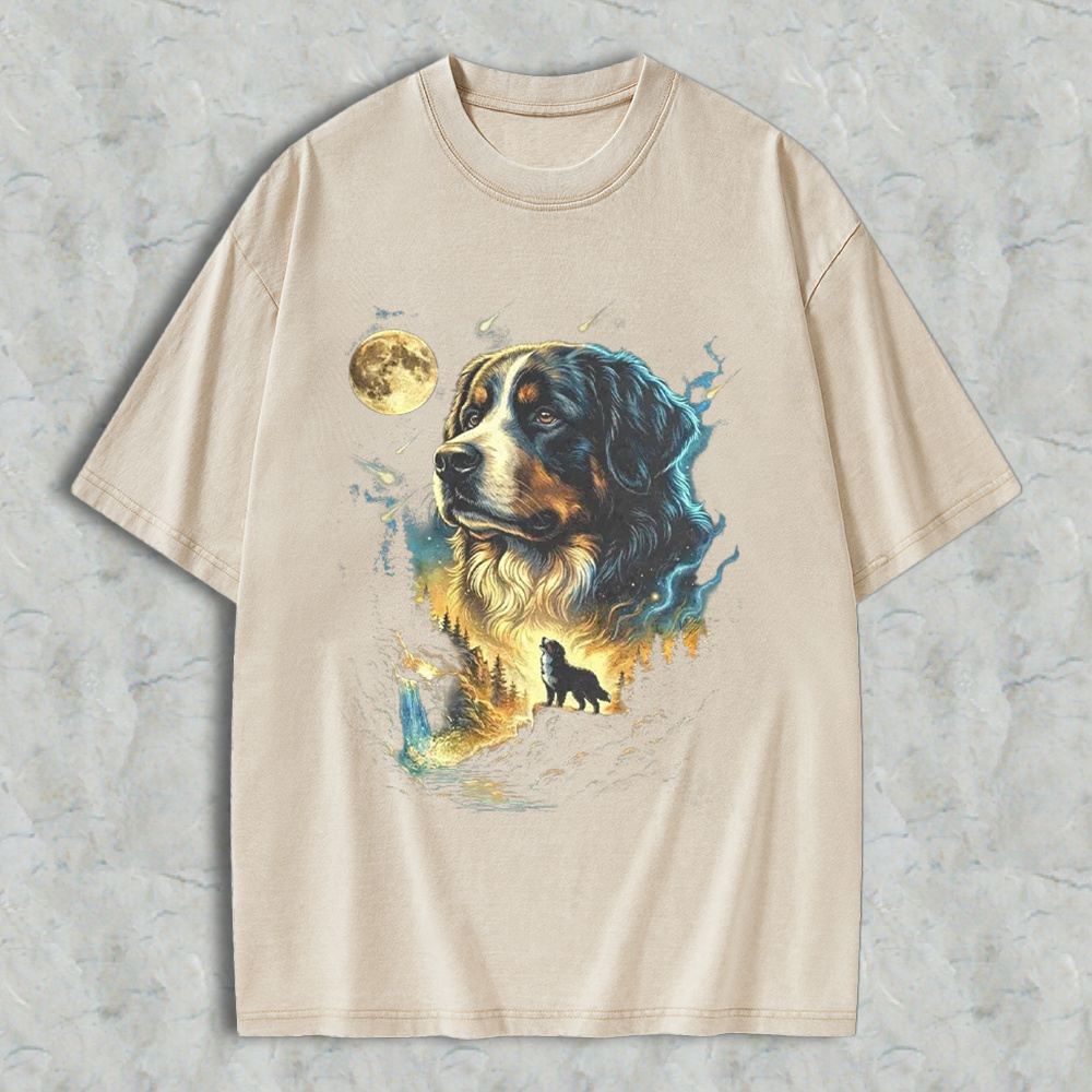 Bernese Mountain Dog Moonlit Forest Wolf Silhouette Art Washed T-shirt