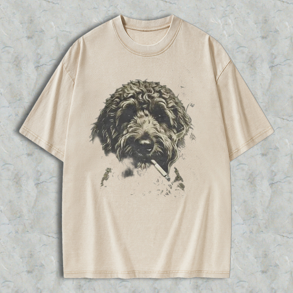 Funny Curly Dog Smoking Cigarette Vintage Art Washed T-shirt