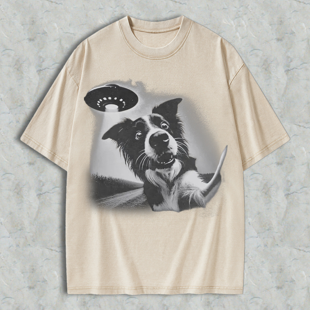 Funny Dog With Ufo Alien Spaceship Graphic Washed T-shirt