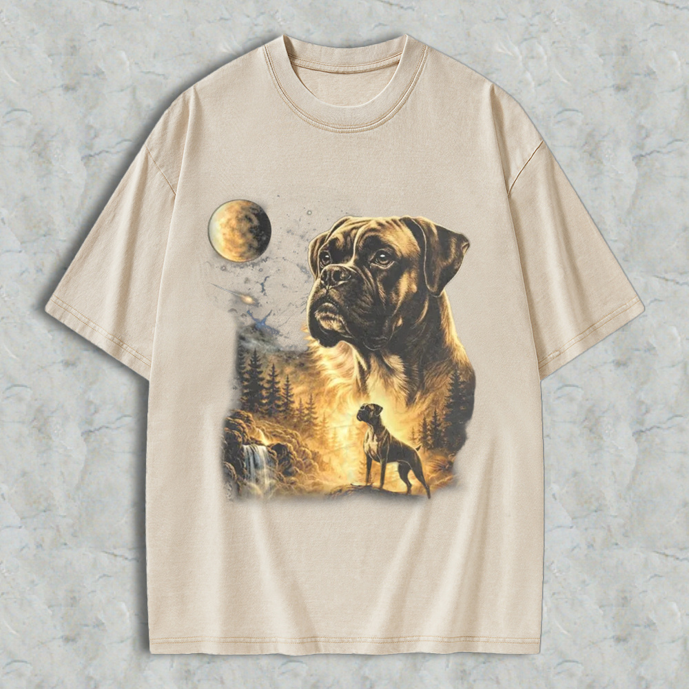 Mystical Boxer Dog Moonlit Forest Scene Washed T-shirt