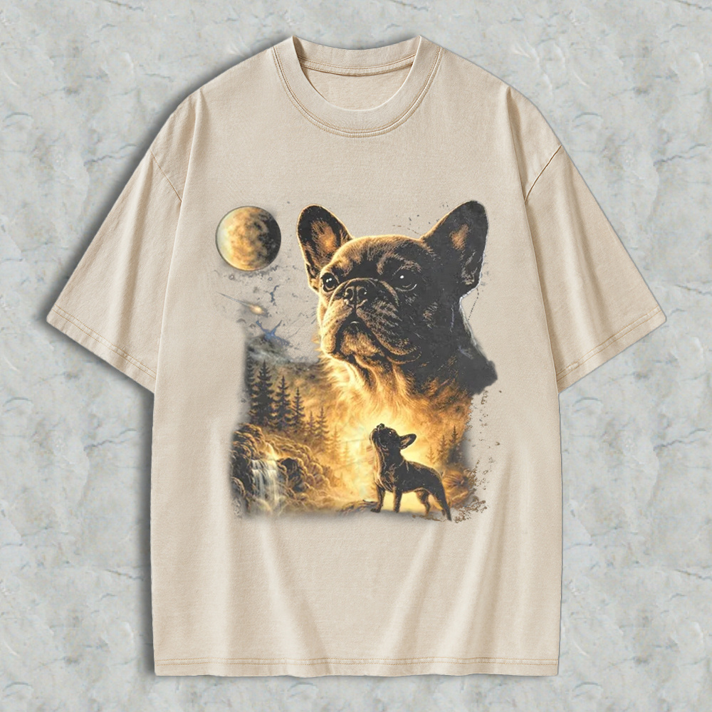 French Bulldog Howling At Moon Forest Night Sky Washed T-shirt