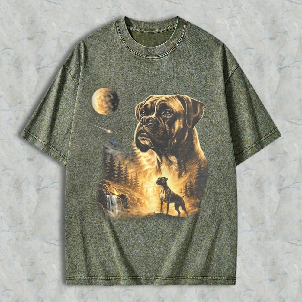 Mystical Boxer Dog Moonlit Forest Scene Washed T-shirt
