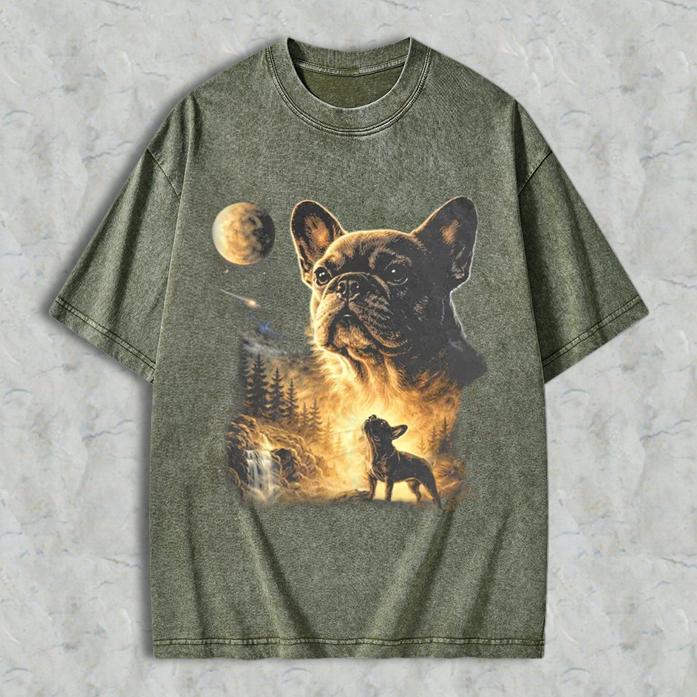 French Bulldog Howling At Moon Forest Night Sky Washed T-shirt