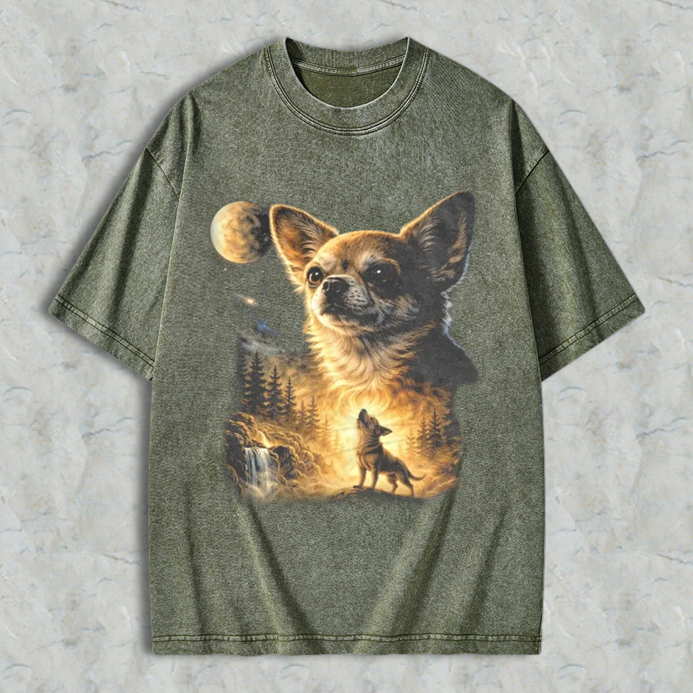 Chihuahua Wolf Howling At Moon Forest Scene Washed T-shirt