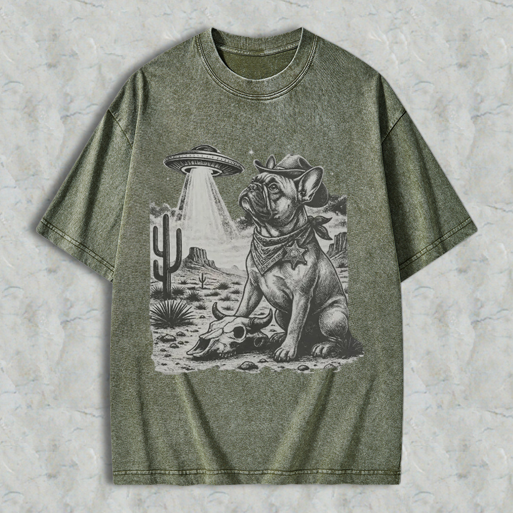 Cowboy French Bulldog With Ufo In Desert Washed T-shirt
