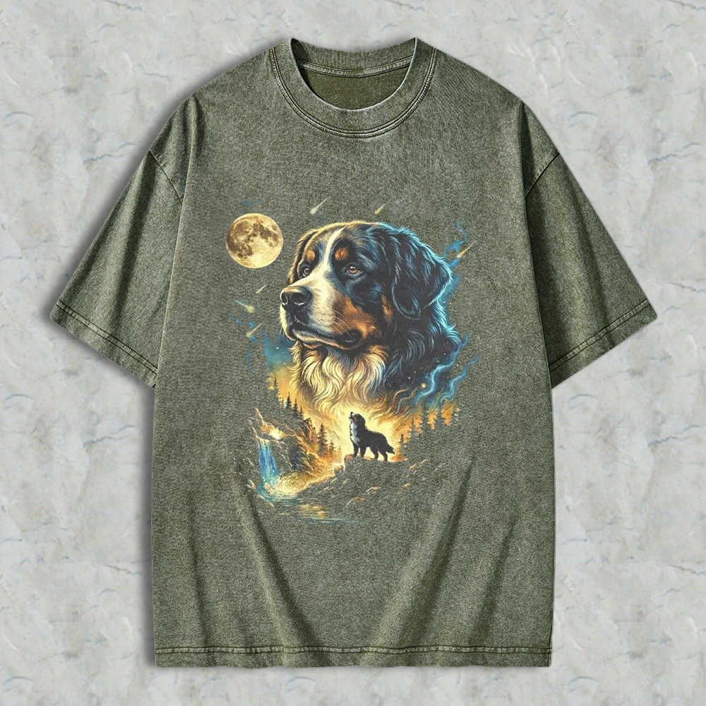 Bernese Mountain Dog Moonlit Forest Wolf Silhouette Art Washed T-shirt
