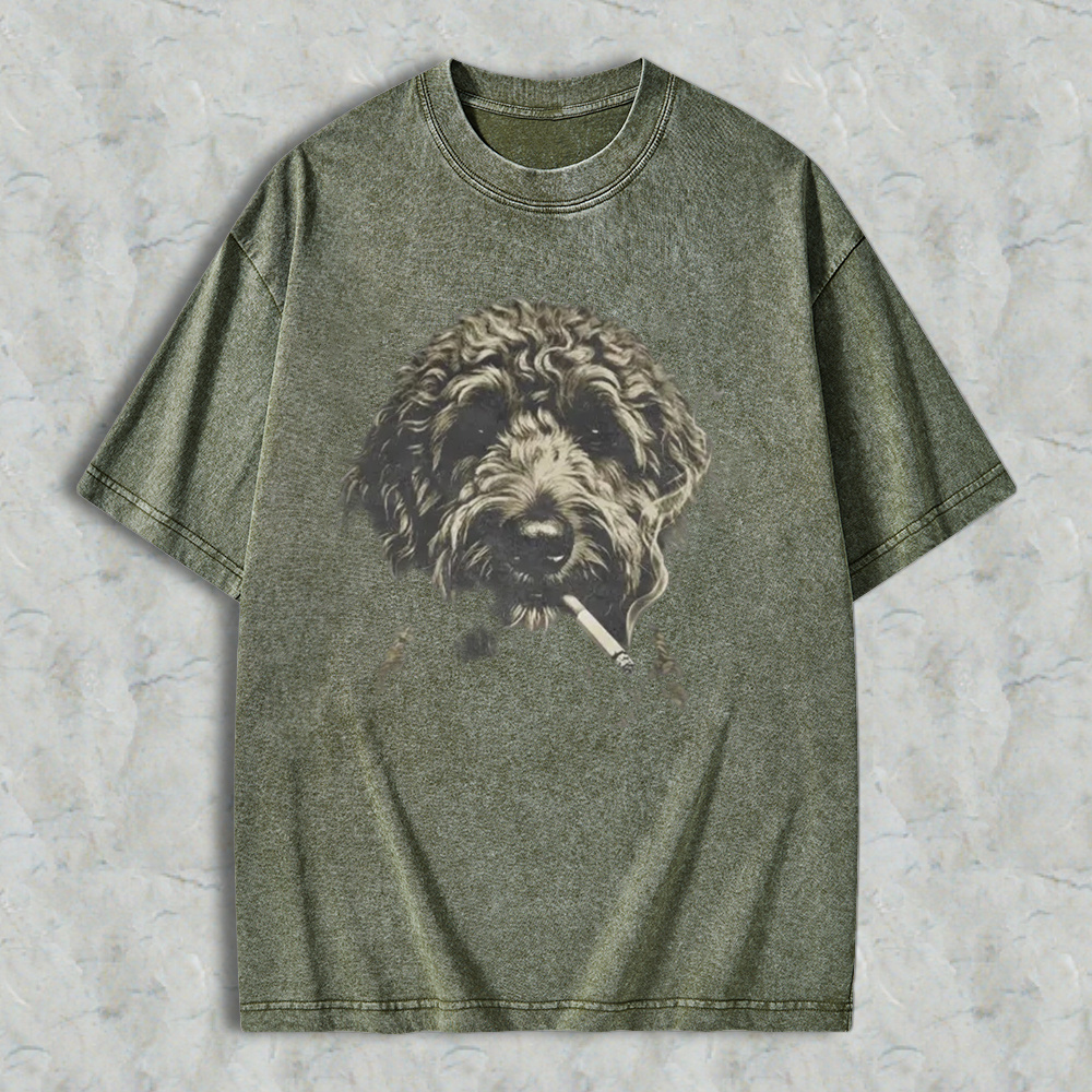Funny Curly Dog Smoking Cigarette Vintage Art Washed T-shirt