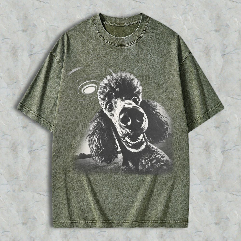 Funny Poodle Dog With Ufo Alien Spaceship Graphic Washed T-shirt