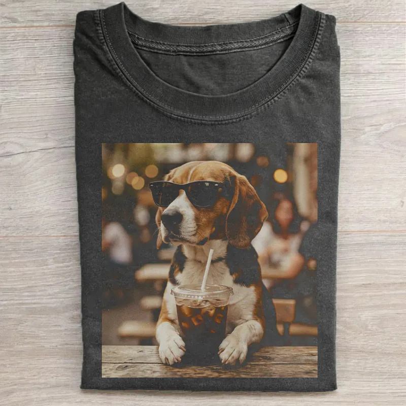 Cool Beagle Dog Wearing Sunglasses Drinking Iced Coffee Washed T-shirt