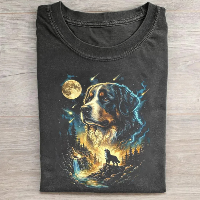 Bernese Mountain Dog Moonlit Forest Wolf Silhouette Art Washed T-shirt