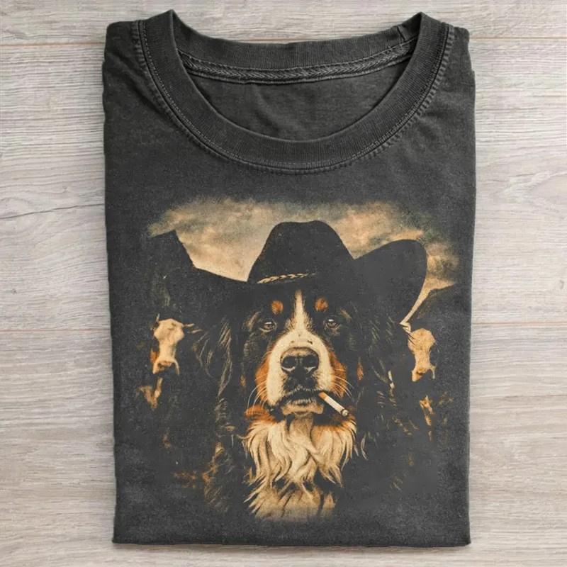 Dog Wearing Cowboy Hat Smoking Cigarette Western Art Washed T-shirt