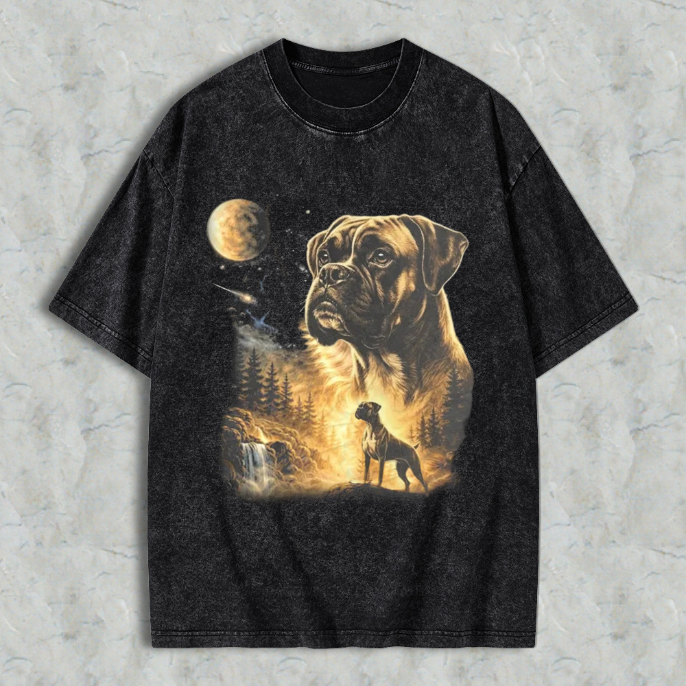 Mystical Boxer Dog Moonlit Forest Scene Washed T-shirt