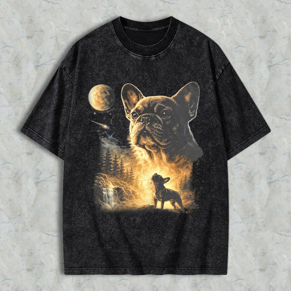 French Bulldog Howling At Moon Forest Night Sky Washed T-shirt