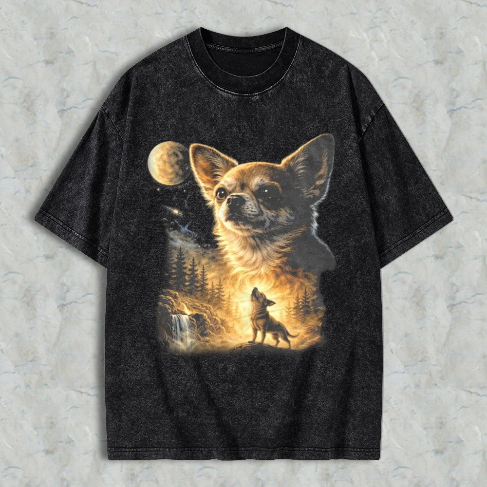 Chihuahua Wolf Howling At Moon Forest Scene Washed T-shirt