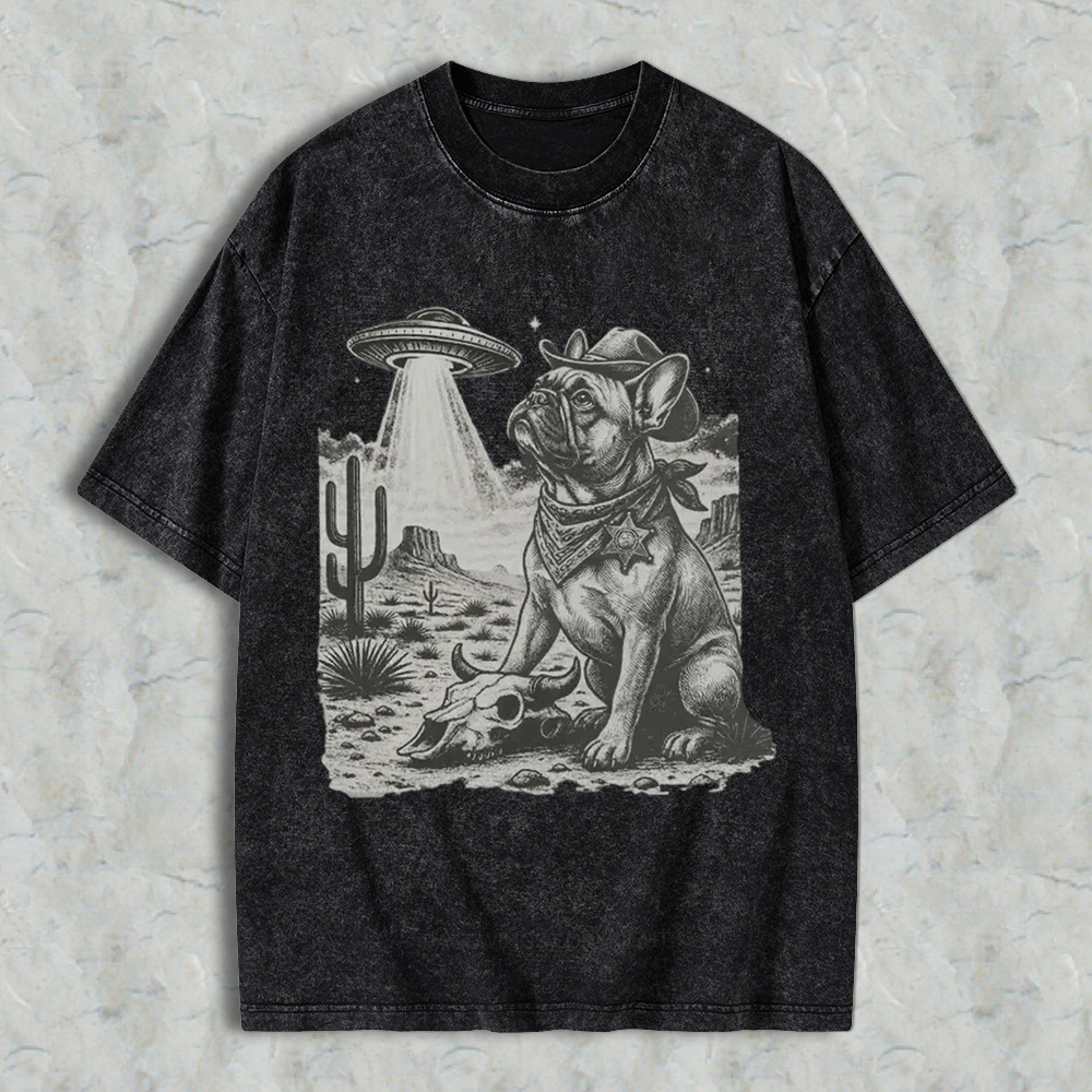 Cowboy French Bulldog With Ufo In Desert Washed T-shirt